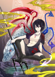 Rule 34 | 1girl, abs, asymmetrical wings, black dress, black hair, black thighhighs, blue eyes, breasts, dress, expressionless, gradient eyes, hair between eyes, highres, houjuu nue, jewelry, large breasts, looking at viewer, multicolored eyes, necklace, open clothes, open dress, pendant, pointy ears, polearm, red eyes, red pupils, ripples, shachi zi, short hair, short sleeves, snake, solo, thighhighs, thighs, touhou, trident, water, weapon, wings