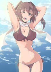 Rule 34 | 10s, 1girl, ;d, armpits, arms up, bikini, blush, breasts, brown bikini, brown eyes, brown hair, cleavage, elbow gloves, gloves, groin, kameponde, kantai collection, large breasts, looking at viewer, navel, one eye closed, open mouth, scarf, sendai (kancolle), sendai kai ni (kancolle), short hair, smile, solo, swimsuit, two side up, white scarf