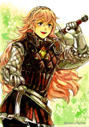 Rule 34 | 1girl, absurdres, cowboy shot, curly hair, fire emblem, fire emblem fates, gloves, highres, holding, holding sword, holding weapon, long hair, looking at viewer, nintendo, pink hair, smile, soleil (fire emblem), solo, sword, weapon