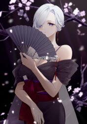 Rule 34 | 1girl, absurdres, alternate costume, arano0910, bare shoulders, black dress, blue eyes, bra strap, cherry blossoms, commentary request, dress, folding fan, genshin impact, hand fan, highres, holding, holding fan, looking at viewer, nail polish, obi, off-shoulder dress, off shoulder, red nails, red sash, sash, shenhe (genshin impact), short hair, short sleeves, solo, upper body, white hair