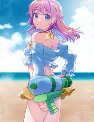 Rule 34 | 1girl, beach, bikini, blue bikini, blue eyes, blue sky, braid, breasts, cloud, commentary request, cowboy shot, day, expressionless, french braid, highres, hohohoi, holding, holding water gun, horizon, long hair, long sleeves, looking at viewer, looking back, medium breasts, off shoulder, open mouth, outdoors, pink hair, ragnarok online, ragnarok origin, sky, solo, sunlight, swimsuit, water, water gun