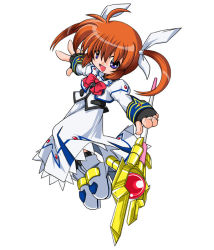 Rule 34 | 00s, 1girl, :d, bow, bowtie, dress, fingerless gloves, gloves, holding, holding weapon, kei (fortune), long sleeves, lyrical nanoha, magazine (weapon), magical girl, mahou shoujo lyrical nanoha, mahou shoujo lyrical nanoha a&#039;s, open mouth, orb, polearm, purple eyes, raising heart, raising heart (buster mode), red bow, red bowtie, red hair, rod, smile, solo, staff, takamachi nanoha, takamachi nanoha (sacred mode), twintails, weapon, white dress