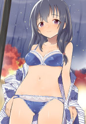 Rule 34 | 1girl, arms at sides, bare shoulders, blue bra, blue hair, blue panties, blush, bra, breasts, caburi aki, cleavage, closed mouth, collarbone, cowboy shot, floral print, fujiwara hajime, gluteal fold, highres, idolmaster, idolmaster cinderella girls, japanese clothes, kimono, legs apart, light particles, lingerie, long hair, looking at viewer, medium breasts, navel, night, night sky, nose blush, off shoulder, open clothes, open kimono, outdoors, panties, purple eyes, sky, smile, solo, standing, stomach, tareme, underwear