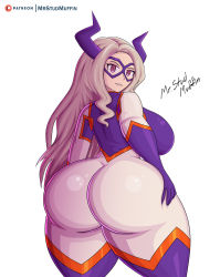 Rule 34 | 1girl, artist name, ass, blonde hair, boku no hero academia, breasts, curvy, domino mask, fake horns, from behind, highres, horns, huge ass, huge breasts, long hair, looking at viewer, looking back, mask, mount lady, mrstudmuffin, pink eyes, sideboob, signature, smile, solo, mount lady, thick thighs, thighs, white background, wide hips