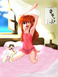 Rule 34 | 00s, 1girl, ahoge, armpits, arms up, bed, blue eyes, blush stickers, bow, character doll, chibi, curtains, dress, full body, hair down, lingerie, lyrical nanoha, magical girl, mahou shoujo lyrical nanoha, mahou shoujo lyrical nanoha a&#039;s, minatsuki randoseru, nightgown, one eye closed, open window, panties, raising heart, red bow, red theme, see-through, sitting, sleepy, solo, stretching, striped clothes, striped panties, stuffed animal, stuffed rabbit, stuffed toy, takamachi nanoha, twintails, underwear, vita (nanoha), wariza, window, yawning