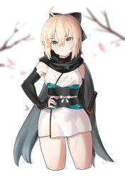 Rule 34 | 1girl, absurdres, ahoge, armor, b:ga, bad id, bad pixiv id, bare shoulders, black bow, black scarf, blonde hair, blurry, bow, branch, breasts, closed mouth, cropped legs, depth of field, fate/grand order, fate (series), grey eyes, hair between eyes, hair bow, hand on own hip, head tilt, highres, japanese armor, japanese clothes, katana, kimono, kote, looking at viewer, medium breasts, obi, okita souji (fate), okita souji (koha-ace), petals, sash, scarf, sheath, sheathed, short hair, short kimono, sleeveless, sleeveless kimono, smile, solo, standing, sword, thighs, weapon, white background, white kimono