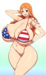 Rule 34 | 1girl, american flag, american flag bikini, areola slip, arm behind head, armpits, bare shoulders, bikini, blue background, blue trim, blush, breasts, brown eyes, cham22, chamchami, cleavage, cleft of venus, collarbone, curvy, earrings, eyebrows, eyelashes, eyeliner, female focus, flag print, hand on own stomach, highres, huge areolae, huge breasts, jewelry, lips, long hair, looking at viewer, makeup, nami (one piece), navel, one piece, orange hair, partially visible vulva, pink lips, pussy, pussy cleavage, red trim, shiny clothes, shiny skin, sideboob, smile, solo, standing, sweat, swimsuit, tattoo, teeth, thick thighs, thighs, thong, thong bikini, tongue, two-tone background, underboob, upper teeth only, very long hair, white background, white trim, wide hips