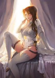 Rule 34 | 1girl, absurdres, alternate costume, arm support, backlighting, bad id, bad pixiv id, blush, boots, braid, breasts, brown hair, covered navel, dress, girls&#039; frontline, gloves, green eyes, hair bun, hair ornament, high heel boots, high heels, highres, kibellin, knee up, large breasts, lee-enfield (girls&#039; frontline), leotard, long hair, looking at viewer, open mouth, playing with own hair, revision, shawl, single hair bun, sitting, solo, star (symbol), thigh boots, thighhighs, wedding dress, white footwear, white leotard
