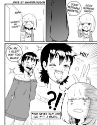 Rule 34 | 1boy, 1girl, artist name, beard, black hair, english text, facial hair, father and daughter, hand up, highres, jewelry, long sleeves, medium hair, monochrome, off-shoulder sweater, off shoulder, original, ring, short hair, sleepy, speech bubble, sweater, wanderjegson, white hair