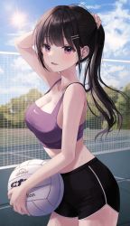 Rule 34 | 1girl, absurdres, arm up, ball, bare arms, bare shoulders, black hair, black shorts, breasts, cleavage, cowboy shot, crop top, day, dolphin shorts, female focus, highres, holding, holding ball, large breasts, long hair, looking at viewer, midriff, myowa, navel, nike (company), nike (company), open mouth, original, outdoors, ponytail, purple eyes, revealing clothes, short shorts, shorts, sleeveless, smile, solo, sports bra, stomach, sun, sunlight, sweat, volleyball (object), volleyball net