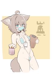 Rule 34 | 1girl, absurdres, ahoge, animal ear fluff, animal ears, arknights, bare shoulders, blue eyes, breasts, brown hair, clipboard, collarbone, cropped legs, fox ears, fox girl, fox tail, groin, highres, holding, holding clipboard, id card, jar, looking at viewer, mask, mouth mask, mr.681, navel, short hair, small breasts, solo, surgical scar, sussurro (arknights), tail, two-tone background, v-shaped eyebrows, white background, yellow background