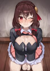 Rule 34 | 1girl, absurdres, amog, bed, bow, braid, breasts, brown hair, cleavage, cleavage cutout, closed mouth, clothing cutout, collared shirt, crown braid, cum, cum on body, cum on breasts, cum on hair, cum on upper body, facial, hair between eyes, hair bow, hair ornament, highres, indoors, kneeling, kono subarashii sekai ni shukufuku wo!, large breasts, long hair, long sleeves, looking at viewer, low twintails, necktie, necktie aside, pink necktie, pink skirt, red bow, red eyes, shirt, skirt, solo, twintails, yunyun (konosuba)