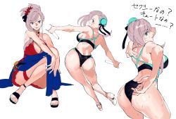 Rule 34 | 1girl, adjusting clothes, adjusting swimsuit, arm behind back, armpits, ass, back, bikini, black one-piece swimsuit, blue dress, blue eyes, breasts, butt crack, cleavage, cowboy shot, dress, fate/grand order, fate (series), female focus, from side, full body, hair bun, hair ornament, halterneck, highres, invisible chair, jojo sono, kneepits, knees together feet apart, leaning to the side, legs together, miyamoto musashi (fate), miyamoto musashi (swimsuit berserker) (first ascension) (fate), multiple views, one-piece swimsuit, own hands together, pink hair, ponytail, simple background, single side bun, sitting, smile, spiked hair, standing, swept bangs, swimsuit, thigh strap, thighs, white background