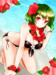 Rule 34 | 1girl, all fours, bad id, bad pixiv id, bandeau, barefoot, beach, bikini, black bikini, body blush, breasts, cleavage, flower, flower bracelet, flower necklace, green hair, hair flower, hair ornament, hand in own hair, hanging breasts, hibiscus, highres, jewelry, kazami yuuka, large breasts, lei, looking at viewer, necklace, red eyes, shiny skin, shironeko yuuki, side-tie bikini bottom, smile, solo, swimsuit, toes, touhou, water