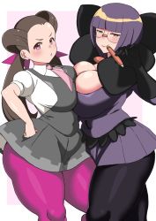 Rule 34 | 2girls, alternate breast size, arms behind head, blush, breast press, breasts, brown hair, cleavage, creatures (company), curvy, forehead, game freak, glasses, gloves, gym leader, highres, huge breasts, komusou (jinrikisha), large breasts, long hair, multiple girls, necktie, nintendo, open mouth, pantyhose, plump, pokemon, pokemon bw, pokemon oras, purple hair, roxanne (pokemon), shauntal (pokemon), short hair, skirt, smile, standing, symmetrical docking, thick thighs, thighs, twintails