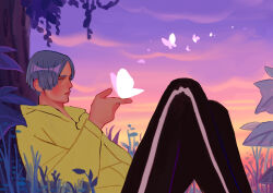 Rule 34 | absurdres, against tree, black pants, bug, butterfly, butterfly on hand, gradient sky, grey hair, highres, insect, knees up, long sleeves, outdoors, pants, pupe (sennbee1027), shirt, sitting, sky, solo, tree, twilight, white butterfly, yellow shirt