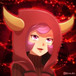 Rule 34 | 1girl, :d, courtney (pokemon), courtney (pokemon oras), creatures (company), eyelashes, fake horns, game freak, hood, hood up, hooded vest, hoodie, horns, looking away, looking up, lava, nintendo, open mouth, outline, pokemon, pokemon oras, purple eyes, purple hair, red sweater, red vest, short hair, smile, solo, sweater, team magma, tokihana, tongue, tsurime, turtleneck, turtleneck sweater, twitter username, upper body, vest