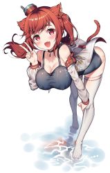 Rule 34 | 1girl, absurdres, animal ears, azur lane, blue one-piece swimsuit, blush, breasts, cat ears, cat tail, choker, cleavage, collarbone, covered erect nipples, fang, floating hair, hanging breasts, head, head tilt, highres, hop3, i-19 (azur lane), large breasts, leaning forward, long hair, looking at viewer, one-piece swimsuit, open mouth, red eyes, red hair, school swimsuit, simple background, skindentation, sleeves past wrists, smile, solo, standing, swimsuit, tail, thighhighs, twintails, v, wet, white background, white thighhighs
