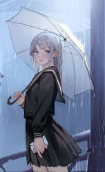 Rule 34 | 1girl, absurdres, ahoge, black sailor collar, black serafuku, black shirt, black skirt, blue eyes, chinese commentary, commentary request, cowboy shot, duzizai, facing viewer, grey hair, highres, holding, holding letter, holding umbrella, letter, long hair, long sleeves, looking ahead, looking back, original, outdoors, parted lips, pleated skirt, rain, sailor collar, school uniform, serafuku, shirt, skirt, solo, standing, tearing up, umbrella