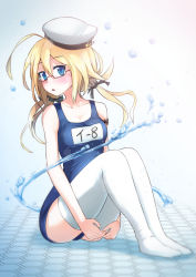 Rule 34 | 10s, 1girl, blonde hair, blue eyes, breasts, glasses, gradient background, hat, highres, i-8 (kancolle), kantai collection, long hair, low twintails, medium breasts, mojake, name tag, one-piece swimsuit, open mouth, peaked cap, personification, red-framed eyewear, school swimsuit, sitting, solo, swimsuit, thighhighs, twintails, white thighhighs