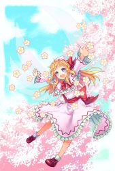Rule 34 | 1girl, akizuki haruhi, arms up, blonde hair, blue eyes, blue sky, capelet, cherry blossoms, cloud, day, dress, fairy, fairy wings, flower, full body, hat, highres, lily white, long hair, long sleeves, looking up, open mouth, outstretched arms, pink dress, ribbon, sash, shoes, sky, smile, socks, solo, touhou, white socks, wide sleeves, wings