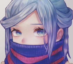 Rule 34 | 1boy, blue eyes, blue hair, blue scarf, commentary request, creatures (company), eyelashes, game freak, grey background, grusha (pokemon), kumakuma momiji, looking at viewer, male focus, medium hair, nintendo, pokemon, pokemon sv, portrait, scarf, scarf over mouth, solo, striped clothes, striped scarf