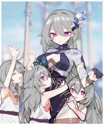 Rule 34 | 4girls, arms up, bare arms, black gloves, blurry, blurry background, breasts, cleavage, closed eyes, closed mouth, dress, error1980, gloves, grey hair, hair between eyes, hair ornament, hand on another&#039;s head, highres, honkai (series), honkai impact 3rd, hug, large breasts, long hair, looking at another, multiple girls, open mouth, pink eyes, smile, teeth, upper teeth only, vita (honkai impact), vita (young) (honkai impact), white dress