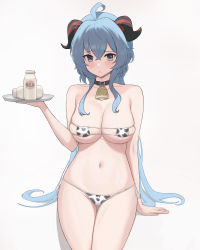 Rule 34 | 1girl, absurdres, ahoge, animal print, bad id, bad pixiv id, bare arms, bare shoulders, bell, belt collar, bikini, blue eyes, blue hair, blush, bottle, breasts, cleavage, collar, cow print, cowbell, cowboy shot, crossed bangs, eyepatch bikini, frown, ganyu (genshin impact), genshin impact, gluteal fold, goat horns, gradient eyes, highres, holding, holding tray, horns, large breasts, long hair, looking at viewer, milk bottle, multicolored eyes, navel, neck bell, purple eyes, raised eyebrows, sidelocks, simple background, sitting, skindentation, solo, stomach, string bikini, swimsuit, thigh gap, thighs, tray, very long hair, vmf12345, white background
