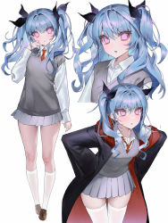 Rule 34 | 1girl, :d, :o, absurdres, arm at side, black coat, blue hair, breasts, brown footwear, cloak, coat, collared shirt, cropped torso, dress shirt, full body, grey sweater vest, hair over shoulder, hair ribbon, hand on own face, hand up, hands on own hips, highres, hood, hood down, hooded coat, kneehighs, leaning forward, long sleeves, looking at viewer, miniskirt, multiple views, necktie, nn1004, off shoulder, open mouth, original, pink eyes, pleated skirt, red coat, red necktie, ribbon, shirt, shoes, simple background, skirt, smile, socks, standing, striped necktie, sweater vest, thigh gap, thighhighs, twintails, two-sided cloak, two-sided fabric, two side up, white background, white shirt, white socks