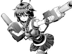 Rule 34 | 1girl, abyssal ship, ahoge, aiming, blush, braid, breasts, cowboy shot, fingerless gloves, foreshortening, gloves, greyscale, hair ornament, hair over shoulder, hair ribbon, hairpin, holding, holding weapon, kantai collection, leaning forward, long hair, looking at viewer, medium breasts, miniskirt, monochrome, neckerchief, outstretched arm, pleated skirt, puffy short sleeves, puffy sleeves, ribbon, school uniform, serafuku, shigure (kancolle), shigure kai ni (kancolle), short sleeves, simple background, single braid, skirt, solo, standing, tareme, thighhighs, v-shaped eyebrows, weapon, white background, yatsu seisakusho, zettai ryouiki