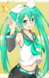 Rule 34 | 1girl, bad id, bad pixiv id, blush, bow, clover (moti), cosplay, detached sleeves, green eyes, green hair, hair bow, hatsune miku, headphones, kagamine rin, kagamine rin (cosplay), matching hair/eyes, project diva, project diva (series), smile, solo, star (symbol), vocaloid
