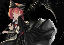 Rule 34 | 1girl, alternate costume, black bow, black capelet, black dress, bob cut, bow, capelet, closed mouth, dress, hair bow, hairband, holding, holding scythe, holding weapon, huge weapon, kantai collection, long sleeves, looking at viewer, luicent, medium hair, red eyes, red hair, scythe, solo, striped, striped bow, weapon, z3 max schultz (kancolle)