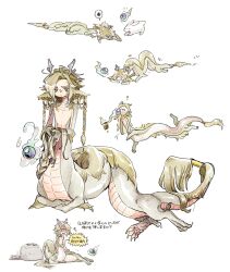 Rule 34 | 1boy, animal, animal ears, annoyed, antlers, blonde hair, braiding hair, bright pupils, brown scales, centauroid, claws, closed eyes, closed mouth, colored eyelashes, dragon boy, dragon tail, ear piercing, earrings, full body, fur-tipped tail, hairdressing, highres, hitsuka no tsuki miko, holding, holding own hair, hoop earrings, horns, jewelry, long hair, looking at viewer, lying, male focus, monster boy, multiple views, on stomach, orb, original, piercing, purple eyes, rabbit, rock, scales, scribble, simple background, sitting, speech bubble, tail, tail ornament, tail ring, taur, thick eyebrows, translation request, very long hair, white background
