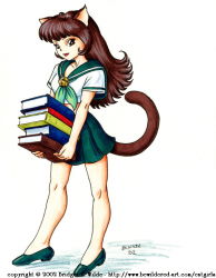 Rule 34 | 00s, 1girl, 2002, animal ears, bell, bewildered, book, breasts, brown eyes, brown hair, cat ears, cat girl, cat tail, collarbone, green footwear, green neckerchief, green skirt, holding, jingle bell, long hair, looking at viewer, medium breasts, midriff, neckerchief, school uniform, shirt, shoes, short sleeves, skirt, solo, standing, tail, white background, white shirt
