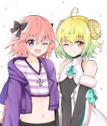 Rule 34 | 2boys, ahoge, astolfo (fate), astolfo (memories at trifas) (fate), bare shoulders, black bow, bow, braid, braided bun, closed mouth, collarbone, cropped jacket, crossdressing, detached sleeves, fang, fate/grand order, fate (series), green hair, hair between eyes, hair bow, hair bun, highres, jacket, jewelry, long sleeves, male focus, moyashi (momoyashi 321), multiple boys, navel, necklace, one eye closed, open mouth, orange eyes, paris (fate), pink hair, purple eyes, purple jacket, shirt, simple background, skin fang, smile, split mouth, striped clothes, striped shirt, trap, white background