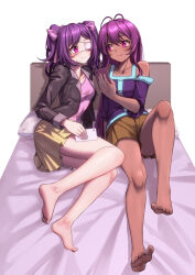 Rule 34 | 2girls, artist name, bare legs, bare shoulders, barefoot, bed sheet, black jacket, blush, bow, breasts, brown shorts, character request, closed mouth, clothing cutout, collarbone, commission, copyright request, dark-skinned female, dark skin, dorsiflexion, eyepatch, feet, full body, hair bow, hand up, holding, jacket, knee up, legs, long hair, long sleeves, looking at another, medical eyepatch, medium breasts, multiple girls, on bed, one eye covered, parted bangs, pillow, pink shirt, purple bow, purple eyes, purple hair, purple shirt, shirt, short shorts, shorts, shoulder cutout, sitting, skirt, soles, thighs, toes, twintails, white background, yamauchi (conan-comy), yellow skirt