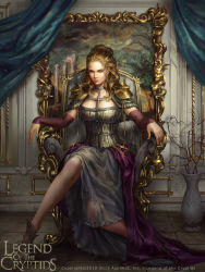 Rule 34 | 1girl, blonde hair, blue eyes, boots, breasts, card, cleavage, copyright name, curtains, dated, fantasy, laura sava, legend of the cryptids, long hair, official art, queen, sitting, solo, throne