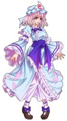 Rule 34 | 1girl, :o, blue bow, blue dress, blush, bobby socks, bow, dress, floral print, frilled dress, frills, full body, hat, highres, japanese clothes, juliet sleeves, kimono, long sleeves, mary janes, mob cap, open mouth, pink eyes, pink hair, puffy sleeves, saigyouji yuyuko, sash, shoes, short hair, socks, solo, tachi-e, tareme, touhou, transparent background, triangular headpiece, white background, white socks, wide sleeves, zephid