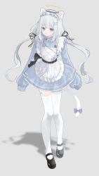 Rule 34 | 1girl, animal ears, apron, bandaid, bandaid on leg, belt, black belt, black footwear, black ribbon, blue bow, blue eyes, blunt bangs, bow, cat ears, cat tail, character request, commentary, commission, copyright request, english commentary, frilled apron, frilled hairband, frills, full body, grey background, hair ornament, hair ribbon, hairband, hairclip, halo, highres, jacket, jersey maid, long hair, long sleeves, looking at viewer, low twintails, maid, maid apron, mary janes, mechiru, ribbon, shadow, shoes, skeb commission, sleeves past fingers, sleeves past wrists, solo, standing, tail, tail bow, tail ornament, thighhighs, track jacket, turtleneck, turtleneck jacket, twintails, unconventional maid, very long hair, white apron, white hair, white thighhighs