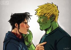 Rule 34 | 2boys, alien, bad id, bad tumblr id, bara, black hair, blonde hair, blush, closed eyes, colored skin, couple, cris art, ear piercing, facial hair, finger to another&#039;s mouth, from side, green skin, hulkling, long sideburns, male focus, marvel, multiple boys, pectorals, piercing, poking, poking pecs, shirt, short hair, sideburns, sideburns stubble, smile, stubble, t-shirt, thick eyebrows, toned, toned male, upper body, wiccan, yaoi