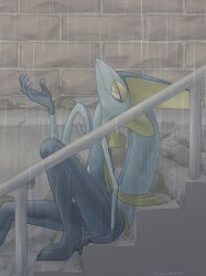 Rule 34 | 1other, animal feet, arm at side, artist name, black skin, blue skin, brick wall, bright pupils, closed mouth, colored skin, creatures (company), day, fins, from side, game freak, gen 8 pokemon, half-closed eyes, hand up, head back, head fins, highres, inteleon, knee up, legs, lemonade kokoi, lizard tail, looking up, multicolored skin, nintendo, on stairs, other focus, outdoors, pokemon, pokemon (creature), profile, railing, rain, signature, sitting, snout, solo, split mouth, stairs, tail, thighs, twitter username, white pupils, yellow eyes