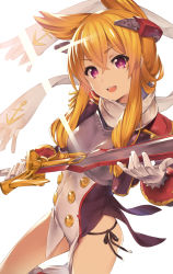 Rule 34 | 1girl, :d, akanagi youto, armor, azur lane, blonde hair, breastplate, breasts, commentary request, covered navel, gloves, hair between eyes, hair flaps, highres, holding, holding sword, holding weapon, leg up, long sleeves, looking at viewer, open mouth, panties, purple eyes, revision, scarf, side-tie panties, side slit, sidelocks, simple background, small breasts, smile, solo, sword, underwear, warspite (azur lane), weapon, white background, white gloves, white scarf