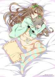 Rule 34 | 10s, 1girl, 2015, bad id, bad pixiv id, bed sheet, bow, brown hair, character name, d midiror, dated, feet, frilled pillow, frills, grey hair, hair bow, looking at viewer, loungewear, love live!, love live! school idol festival, love live! school idol project, minami kotori, minami kotori (bird), one eye closed, one side up, pillow, pocket, pom pom (clothes), signature, smile, solo, striped clothes, striped thighhighs, thighhighs, yellow eyes
