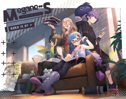 Rule 34 | 1boy, 3girls, ^ ^, ahoge, animal hood, argyle, argyle bow, argyle clothes, argyle pantyhose, black hair, black hoodie, black pants, black pantyhose, blonde hair, blue hair, blunt bangs, book, book stack, boots, border, bow, bowtie, braid, brick wall, brown serafuku, cevio, closed eyes, commentary request, couch, dated, english text, engrish text, facing viewer, foreshortening, glasses, gradient hair, green eyes, green sweater vest, grin, hair bow, hair ornament, hair over shoulder, hairclip, hanakuma chifuyu, haruno sora, high heel boots, high heels, holding, holding book, hood, hood down, hoodie, indoors, larkpatch, leaning on object, long hair, long sleeves, looking at viewer, looking to the side, low twin braids, low twintails, multicolored hair, multiple girls, neckerchief, on couch, open book, otomachi una, otomachi una (talkex), outside border, outstretched legs, pants, pantyhose, pile, plant, potted plant, purple eyes, purple footwear, purple hair, purple shirt, rabbit hood, ranguage, red bow, red bowtie, romaji text, school uniform, semi-rimless eyewear, serafuku, shirinda fureiru, shirt, short hair, sitting, sleeveless, sleeveless shirt, smile, standing, stuffed animal, stuffed toy, sweatdrop, sweater vest, synthesizer v, talkex, teddy bear, trait connection, twin braids, twintails, very long hair, vocaloid, voicepeak, voiceroid, white border, white neckerchief, white shirt, wristband, yuzuki yukari&#039;s younger twin brother
