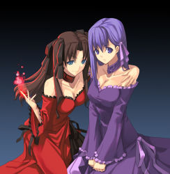 Rule 34 | 00s, 2girls, bare shoulders, black background, black hair, black ribbon, blue background, blue eyes, breasts, brown hair, choker, cleavage, collarbone, covered erect nipples, dress, embarrassed, fate/hollow ataraxia, fate/stay night, fate (series), female focus, frilled dress, frills, gown, gradient background, hair ribbon, hand on another&#039;s shoulder, highres, hug, large breasts, long hair, long sleeves, looking at viewer, magic, matou sakura, medium breasts, multiple girls, naughty face, neck, off-shoulder dress, off shoulder, parted lips, purple choker, purple dress, purple eyes, purple hair, purple ribbon, red choker, red dress, ribbon, shingo (missing link), siblings, sisters, smile, tohsaka rin, two side up, type-moon, v arms, wide sleeves