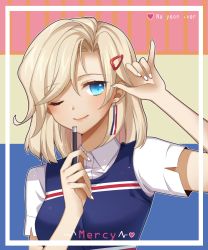 Rule 34 | 1girl, ;), alternate costume, alternate hairstyle, blonde hair, blue eyes, breasts, character name, closed mouth, collared shirt, dress shirt, fingernails, hair ornament, hairclip, hand to head, hand up, hands up, heart, highres, holding, kaoruru (sakuno2911), long fingernails, looking at viewer, m/, medium hair, mercy (overwatch), nail polish, one eye closed, overwatch, overwatch 1, pink lips, shirt, short sleeves, smile, solo, twice (group), upper body, white nails, white shirt