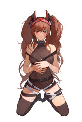 Rule 34 | 1girl, angelina (arknights), angelina (distinguished visitor) (arknights), animal ears, arknights, bare arms, bare shoulders, belt, black leotard, black thighhighs, breasts, brown hair, closed mouth, commentary, covered navel, english commentary, fox ears, fox girl, full body, hairband, headgear, highres, infection monitor (arknights), jason kim, kneeling, leotard, long hair, looking at viewer, medium breasts, official alternate costume, red eyes, red hairband, sidelocks, simple background, solo, thigh strap, thighhighs, twintails, v-shaped eyebrows, very long hair, white background
