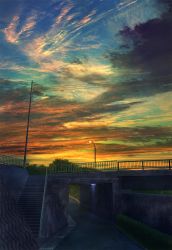 Rule 34 | bridge, cloud, cloudy sky, commentary request, contrail, highres, lamppost, mks, multicolored sky, no humans, original, outdoors, power lines, railing, road, scenery, sky, stairs, sunset, utility pole