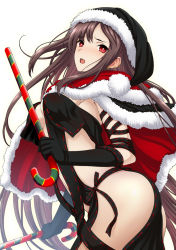 Rule 34 | 1girl, :o, bare shoulders, black dress, black gloves, black ribbon, breasts, brown hair, candy, candy cane, cane, cape, cleavage, dress, dual wielding, earrings, embarrassed, fate/grand order, fate (series), food, from side, fur trim, furrowed brow, gloves, hat, highres, holding, isse, jewelry, long hair, looking at viewer, medium breasts, open mouth, red eyes, revealing clothes, ribbon, santa costume, santa hat, simple background, solo, underboob, very long hair, yu mei-ren (fate)