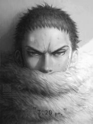 Rule 34 | 1boy, charlotte katakuri, covered mouth, frown, greyscale, looking at viewer, male focus, monochrome, one piece, portrait, sephirona, short hair, solo, stitches, timestamp